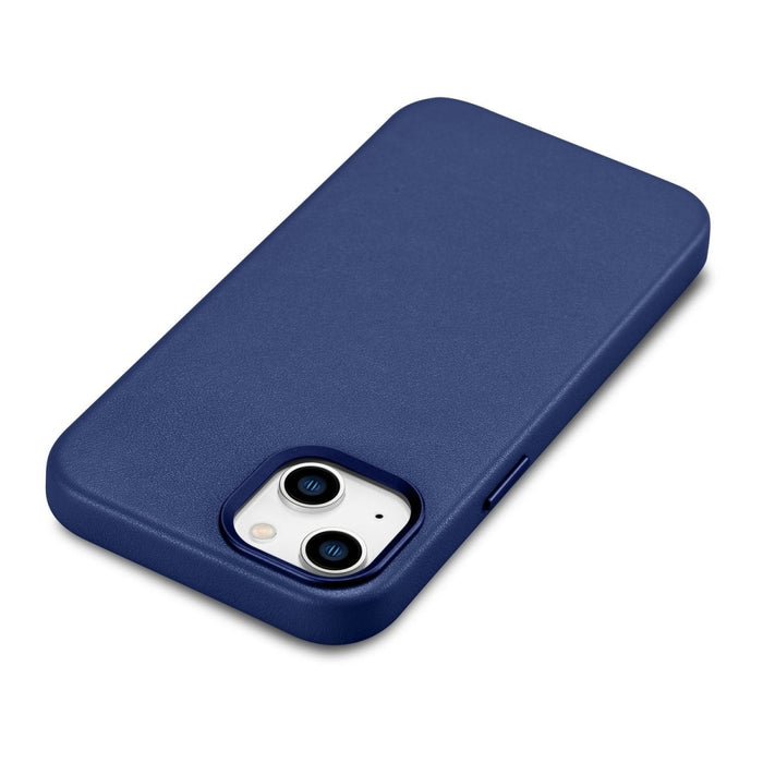Кейс от естествена кожа iCarer за iPhone 14, син (WMI14220705-BU) (съвместим с MagSafe)