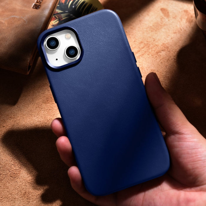 Кейс от естествена кожа iCarer за iPhone 14, син (WMI14220705-BU) (съвместим с MagSafe)