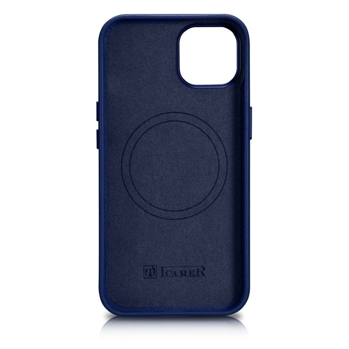 Кейс от естествена кожа iCarer за iPhone 14, син (WMI14220705-BU) (съвместим с MagSafe)