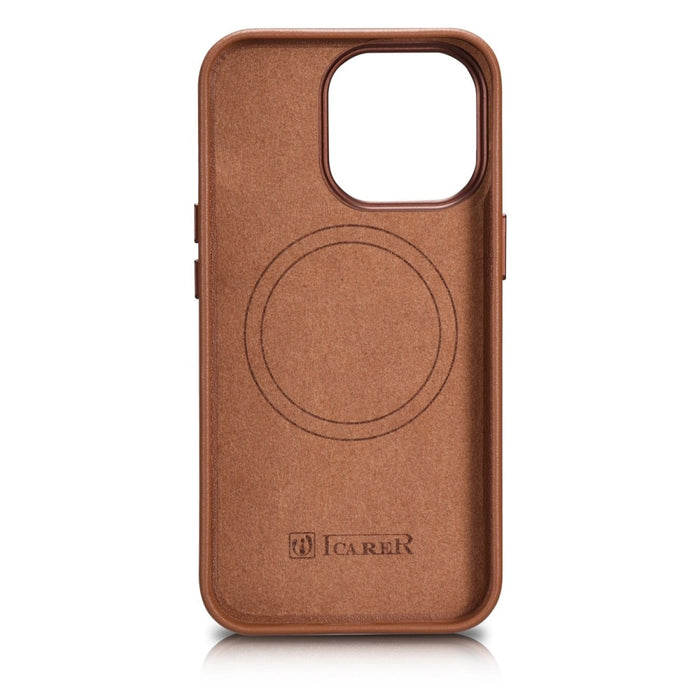 Кейс от естествена кожа iCarer за iPhone 14 Pro, кафяв (WMI14220706-BN) (съвместим с MagSafe)