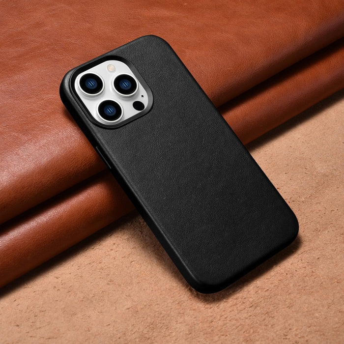 Кейс от естествена кожа iCarer за iPhone 14 Pro Max, черен (WMI14220708-BK) (съвместим с MagSafe)