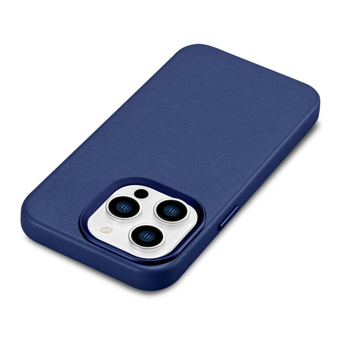 Кейс от естествена кожа iCarer за iPhone 14 Pro Max, син (WMI14220708-BU) (съвместим с MagSafe)