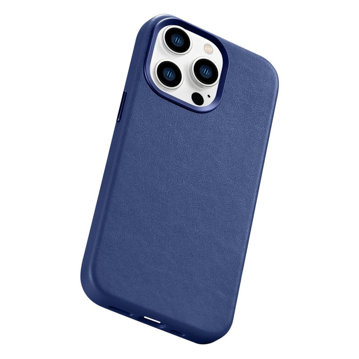 Кейс от естествена кожа iCarer за iPhone 14 Pro Max, син (WMI14220708-BU) (съвместим с MagSafe)