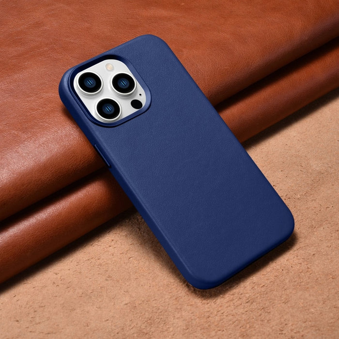 Кейс от естествена кожа iCarer за iPhone 14 Pro Max, син (WMI14220708-BU) (съвместим с MagSafe)