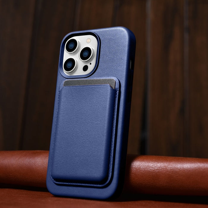 Кейс от естествена кожа iCarer за iPhone 14 Pro Max, син (WMI14220708-BU) (съвместим с MagSafe)