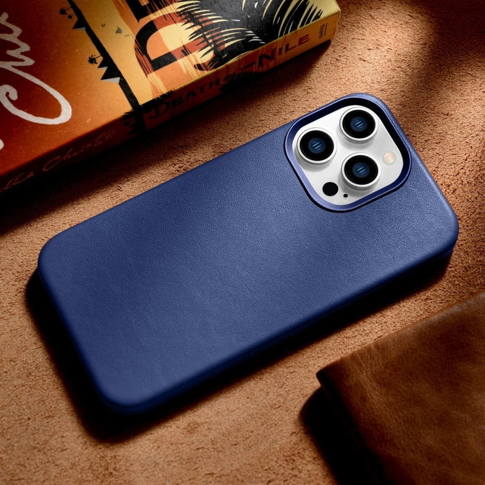 Кейс от естествена кожа iCarer за iPhone 14 Pro Max, син (WMI14220708-BU) (съвместим с MagSafe)