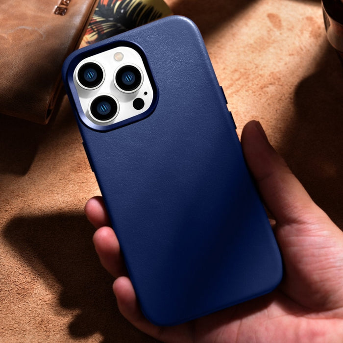 Кейс от естествена кожа iCarer за iPhone 14 Pro Max, син (WMI14220708-BU) (съвместим с MagSafe)
