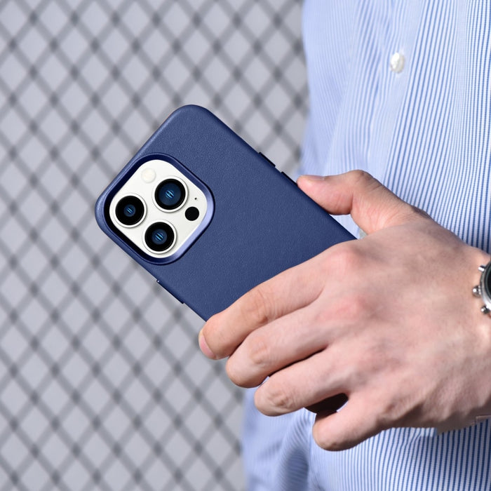 Кейс от естествена кожа iCarer за iPhone 14 Pro Max, син (WMI14220708-BU) (съвместим с MagSafe)