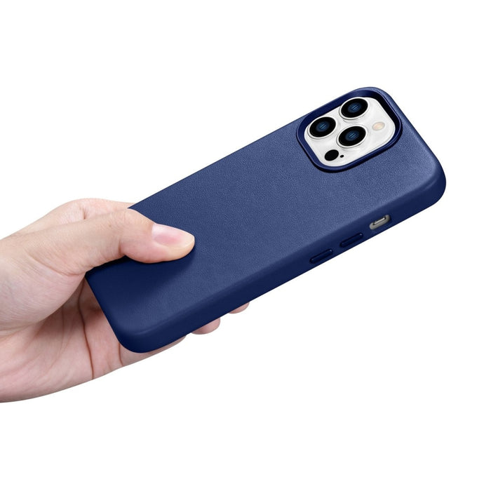 Кейс от естествена кожа iCarer за iPhone 14 Pro Max, син (WMI14220708-BU) (съвместим с MagSafe)