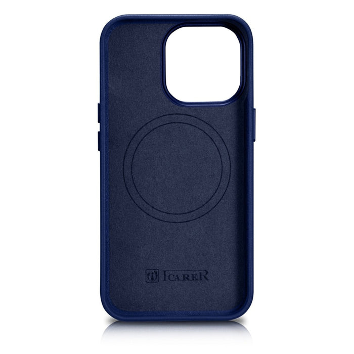 Кейс от естествена кожа iCarer за iPhone 14 Pro Max, син (WMI14220708-BU) (съвместим с MagSafe)