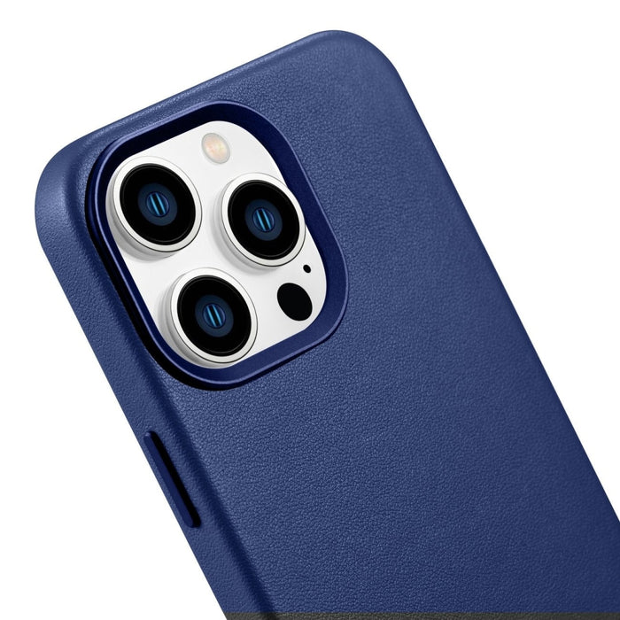 Кейс от естествена кожа iCarer за iPhone 14 Pro Max, син (WMI14220708-BU) (съвместим с MagSafe)