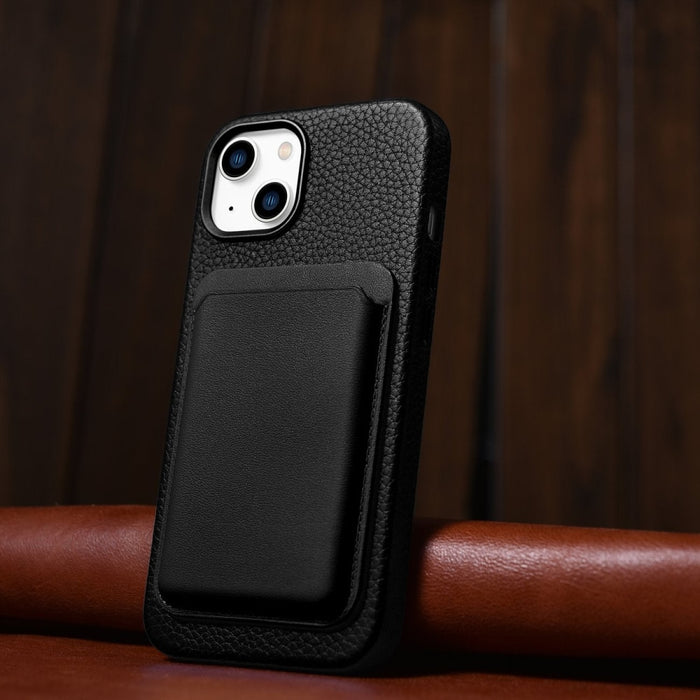 Кейс от естествена кожа iCarer Litchi Premium за iPhone 14, магнитен, съвместим с MagSafe, Черен (WMI14220709-BK)