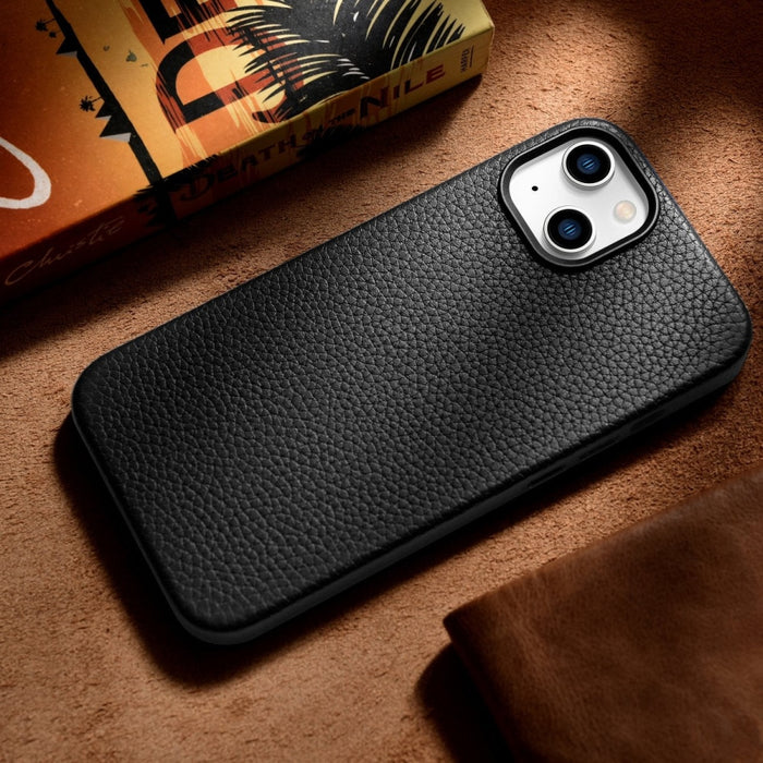 Кейс от естествена кожа iCarer Litchi Premium за iPhone 14, магнитен, съвместим с MagSafe, Черен (WMI14220709-BK)