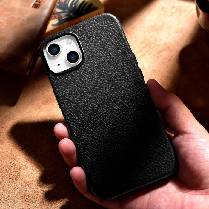 Кейс от естествена кожа iCarer Litchi Premium за iPhone 14, магнитен, съвместим с MagSafe, Черен (WMI14220709-BK)