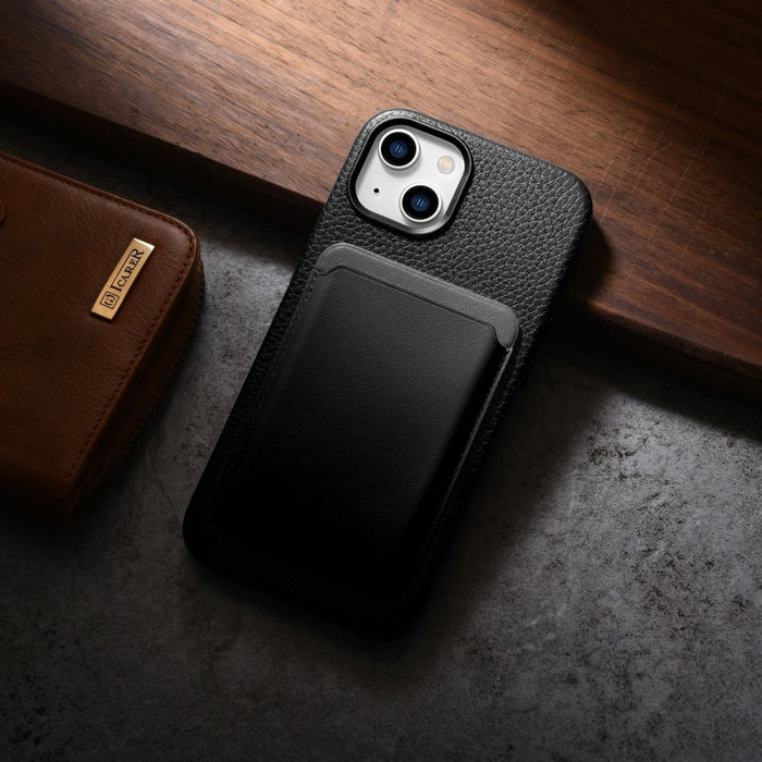 Кейс от естествена кожа iCarer Litchi Premium за iPhone 14, магнитен, съвместим с MagSafe, Черен (WMI14220709-BK)