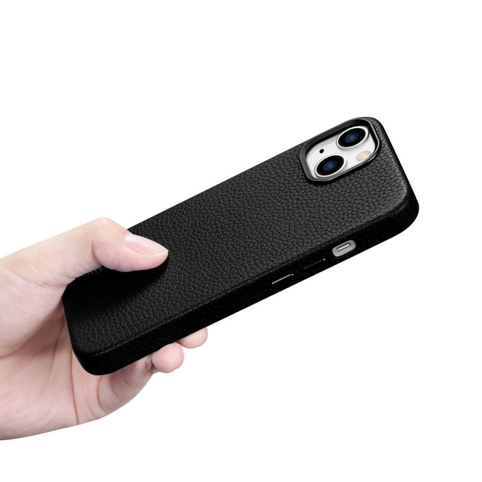 Кейс от естествена кожа iCarer Litchi Premium за iPhone 14, магнитен, съвместим с MagSafe, Черен (WMI14220709-BK)