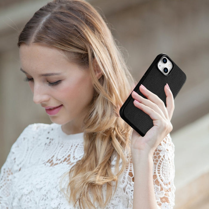Кейс от естествена кожа iCarer Litchi Premium за iPhone 14, магнитен, съвместим с MagSafe, Черен (WMI14220709-BK)