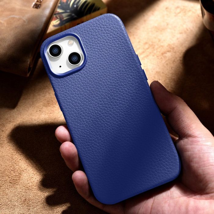 Кейс от естествена кожа iCarer Litchi Premium за iPhone 14, магнитен, съвместим с MagSafe, Тъмносин (WMI14220709-DB)