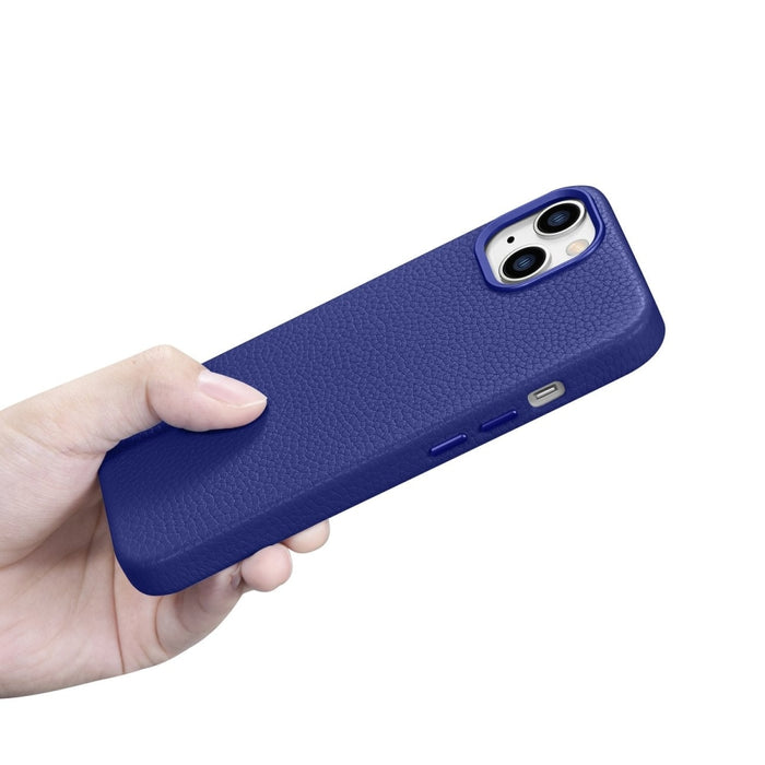 Кейс от естествена кожа iCarer Litchi Premium за iPhone 14, магнитен, съвместим с MagSafe, Тъмносин (WMI14220709-DB)