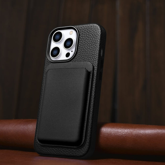 Кейс от естествена кожа iCarer Litchi Premium за iPhone 14 Pro, магнитен, съвместим с MagSafe, Черен (WMI14220710-BK)