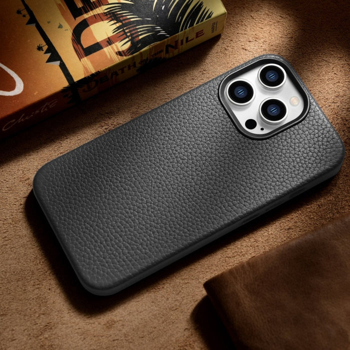 Кейс от естествена кожа iCarer Litchi Premium за iPhone 14 Pro, магнитен, съвместим с MagSafe, Черен (WMI14220710-BK)