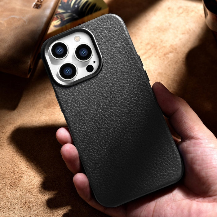 Кейс от естествена кожа iCarer Litchi Premium за iPhone 14 Pro, магнитен, съвместим с MagSafe, Черен (WMI14220710-BK)