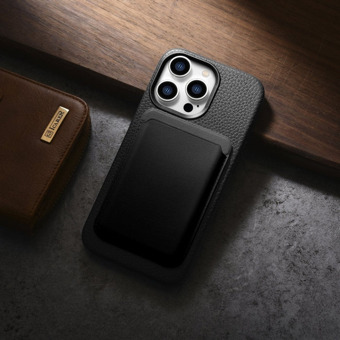 Кейс от естествена кожа iCarer Litchi Premium за iPhone 14 Pro, магнитен, съвместим с MagSafe, Черен (WMI14220710-BK)