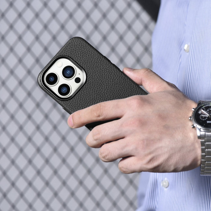 Кейс от естествена кожа iCarer Litchi Premium за iPhone 14 Pro, магнитен, съвместим с MagSafe, Черен (WMI14220710-BK)