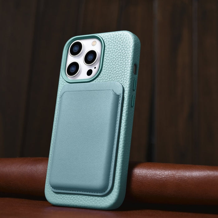 Кейс от естествена кожа iCarer Litchi Premium за iPhone 14 Pro, магнитен, съвместим с MagSafe, Зелен (WMI14220710-GN)