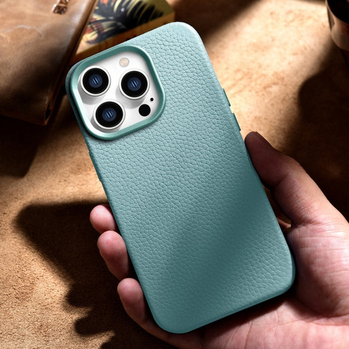 Кейс от естествена кожа iCarer Litchi Premium за iPhone 14 Pro, магнитен, съвместим с MagSafe, Зелен (WMI14220710-GN)