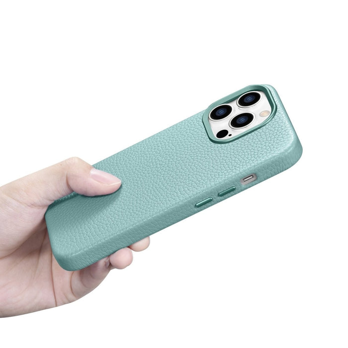 Кейс от естествена кожа iCarer Litchi Premium за iPhone 14 Pro, магнитен, съвместим с MagSafe, Зелен (WMI14220710-GN)