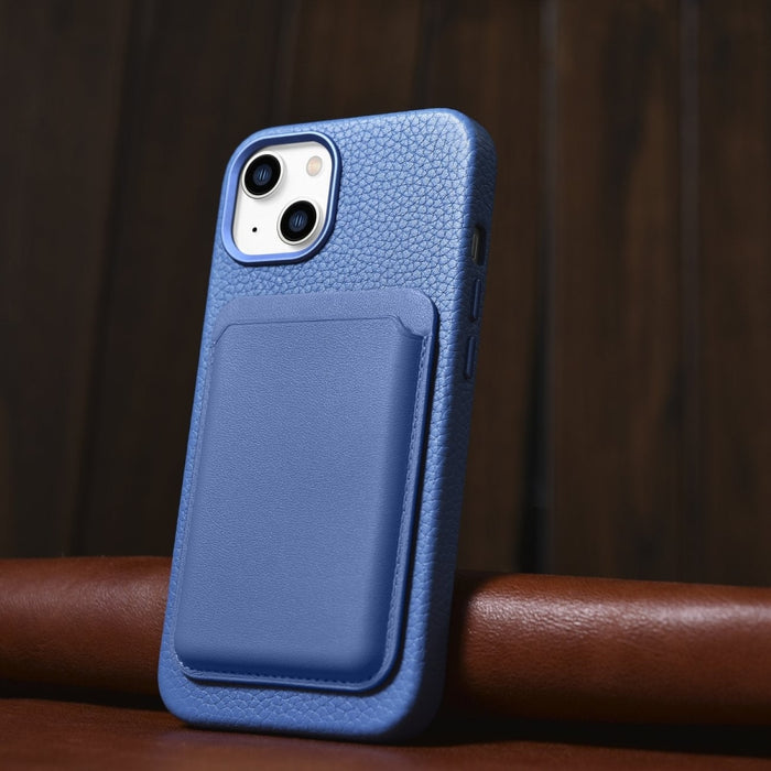 Кейс от естествена кожа iCarer Litchi Premium за iPhone 14 Plus, магнитен, съвместим с MagSafe, Светлосин (WMI14220711-LB)