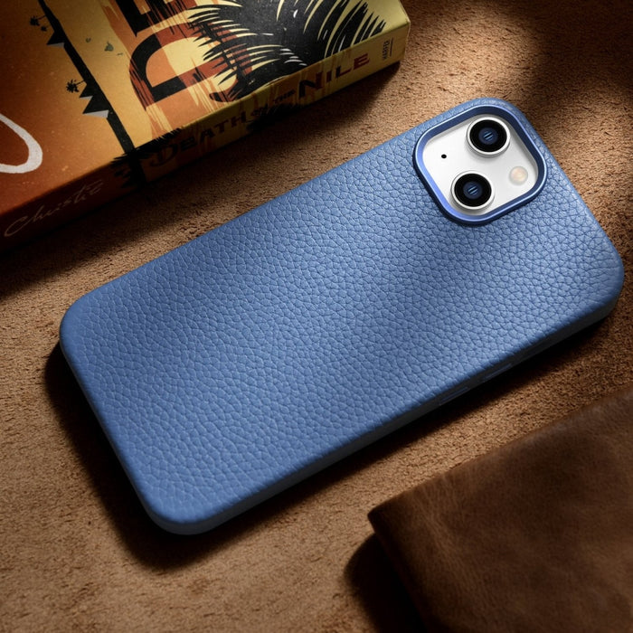 Кейс от естествена кожа iCarer Litchi Premium за iPhone 14 Plus, магнитен, съвместим с MagSafe, Светлосин (WMI14220711-LB)