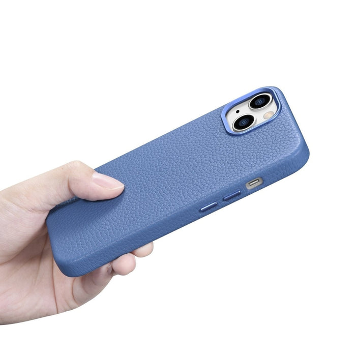 Кейс от естествена кожа iCarer Litchi Premium за iPhone 14 Plus, магнитен, съвместим с MagSafe, Светлосин (WMI14220711-LB)