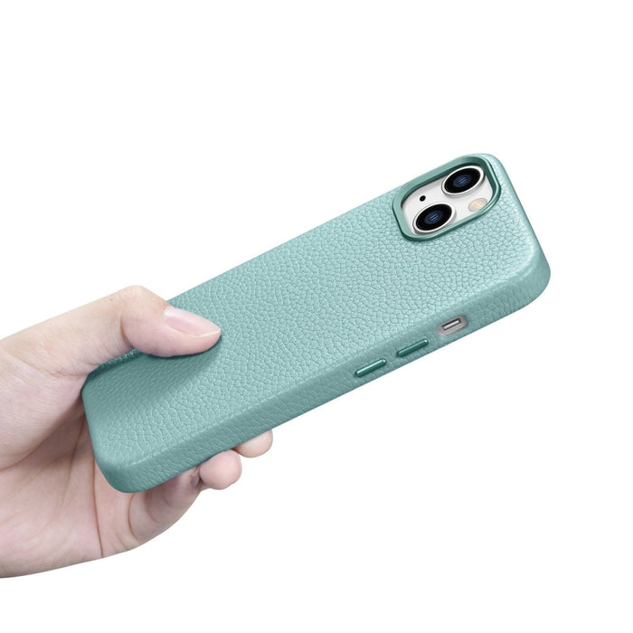Кейс от естествена кожа iCarer Litchi Premium за iPhone 14 Plus, магнитен, съвместим с MagSafe, Зелен (WMI14220711-GN)