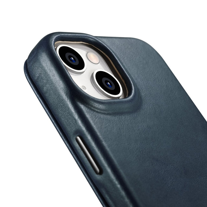 Флип Кейс от естествена кожа iCarer CE Oil Wax Premium за iPhone 14, магнитен, съвместим с MagSafe, Син (AKI14220705-BU)