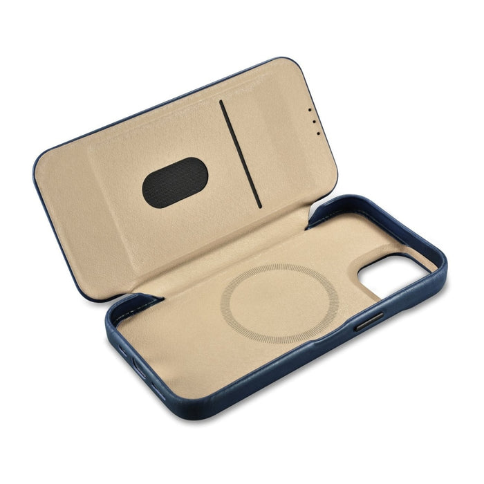 Флип Кейс от естествена кожа iCarer CE Oil Wax Premium за iPhone 14, магнитен, съвместим с MagSafe, Син (AKI14220705-BU)