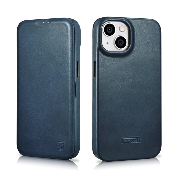 Флип Кейс от естествена кожа iCarer CE Oil Wax Premium за iPhone 14, магнитен, съвместим с MagSafe, Син (AKI14220705-BU)
