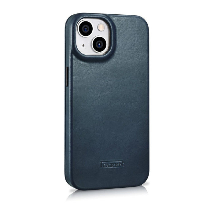 Флип Кейс от естествена кожа iCarer CE Oil Wax Premium за iPhone 14, магнитен, съвместим с MagSafe, Син (AKI14220705-BU)