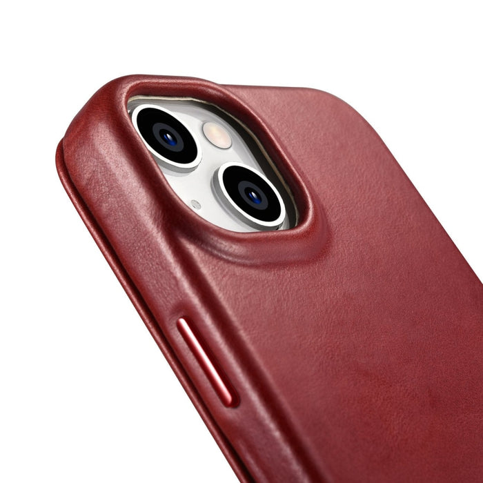 Флип Кейс от естествена кожа iCarer CE Oil Wax Premium за iPhone 14, магнитен, съвместим с MagSafe, Червен (AKI14220705-RD)