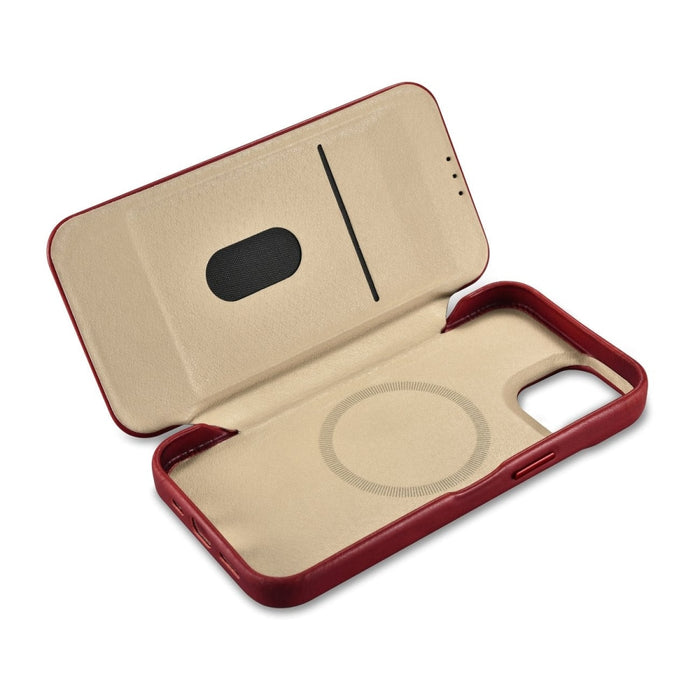 Флип Кейс от естествена кожа iCarer CE Oil Wax Premium за iPhone 14, магнитен, съвместим с MagSafe, Червен (AKI14220705-RD)