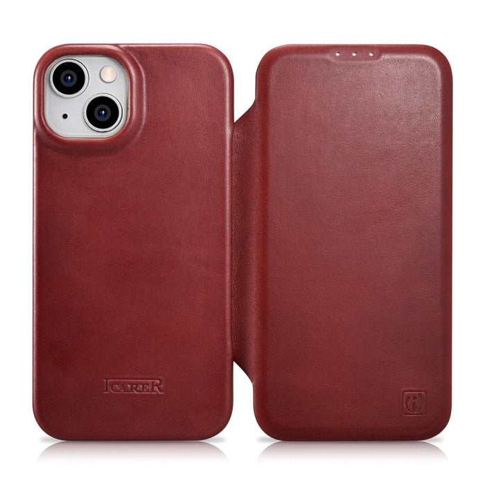 Флип Кейс от естествена кожа iCarer CE Oil Wax Premium за iPhone 14, магнитен, съвместим с MagSafe, Червен (AKI14220705-RD)