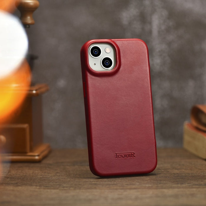 Флип Кейс от естествена кожа iCarer CE Oil Wax Premium за iPhone 14, магнитен, съвместим с MagSafe, Червен (AKI14220705-RD)