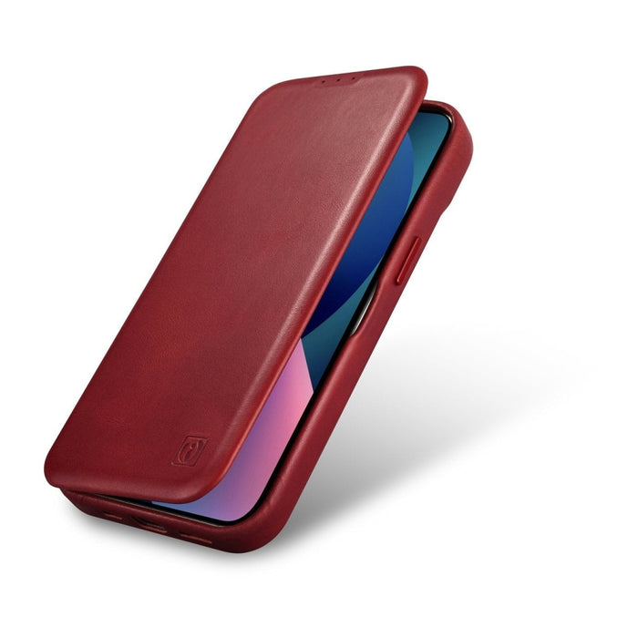 Флип Кейс от естествена кожа iCarer CE Oil Wax Premium за iPhone 14, магнитен, съвместим с MagSafe, Червен (AKI14220705-RD)