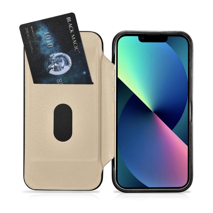 Флип Кейс от естествена кожа iCarer CE Oil Wax Premium за iPhone 14 Pro, магнитен, съвместим с MagSafe, Черен (AKI14220706-BK)