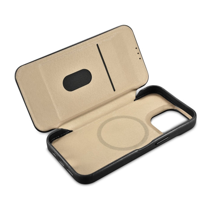 Флип Кейс от естествена кожа iCarer CE Oil Wax Premium за iPhone 14 Pro, магнитен, съвместим с MagSafe, Черен (AKI14220706-BK)