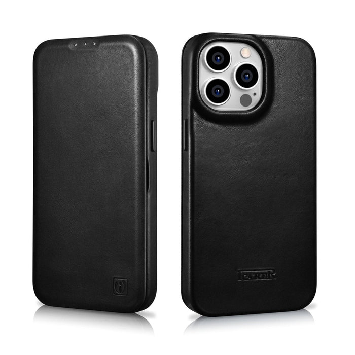 Флип Кейс от естествена кожа iCarer CE Oil Wax Premium за iPhone 14 Pro, магнитен, съвместим с MagSafe, Черен (AKI14220706-BK)