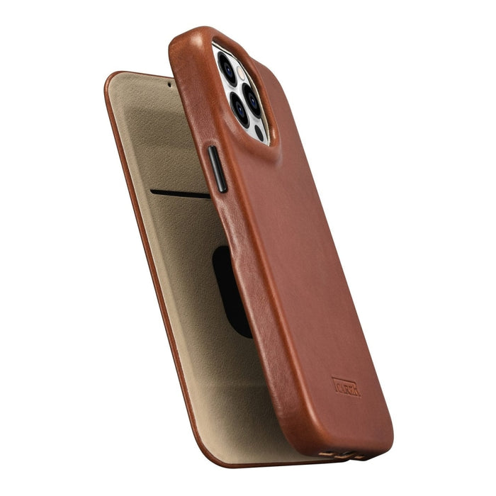 Флип Кейс от естествена кожа iCarer CE Oil Wax Premium за iPhone 14 Pro, магнитен, съвместим с MagSafe, Кафяв (AKI14220706-BN)