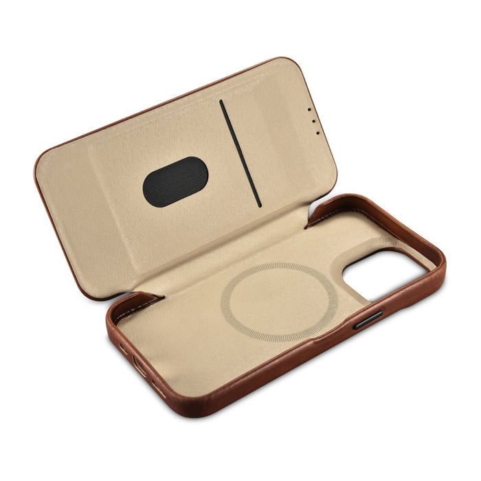 Флип Кейс от естествена кожа iCarer CE Oil Wax Premium за iPhone 14 Pro, магнитен, съвместим с MagSafe, Кафяв (AKI14220706-BN)