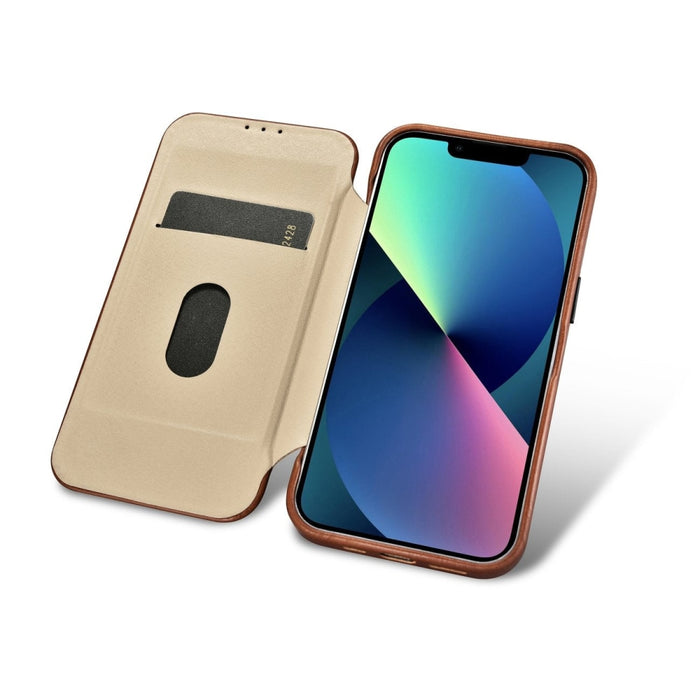 Флип Кейс от естествена кожа iCarer CE Oil Wax Premium за iPhone 14 Pro, магнитен, съвместим с MagSafe, Кафяв (AKI14220706-BN)